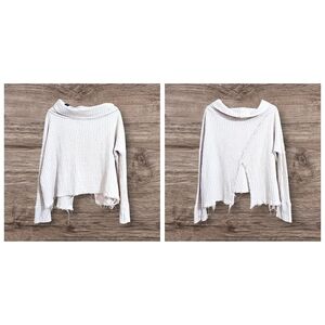 Free People Oversized Cowl Neck Cropped Split Back Waffle Distressed Thermal